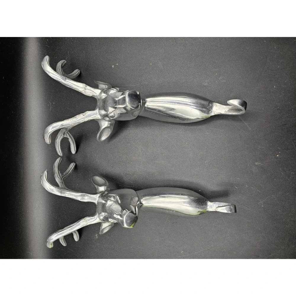 Silver Deer Head Wall Hooks Set of 2 Polished Metal Buck Antler Coat Rack Z1